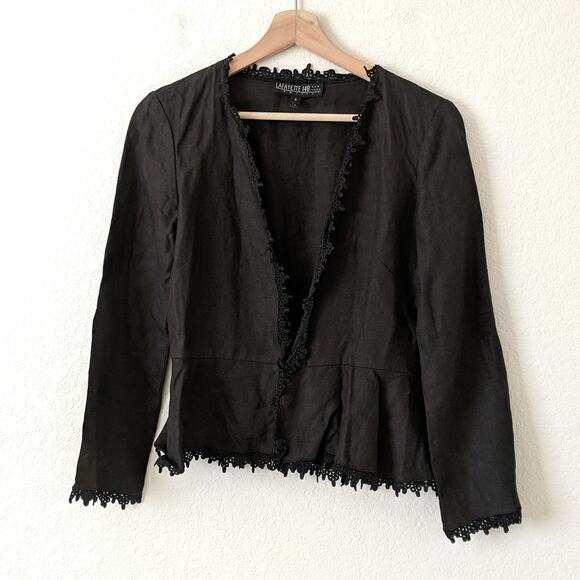 Lafayette 148 NY Black Open Linen Peplum Fringed Cardigan Embroidered Lace 6 6P - Picture 3 of 6